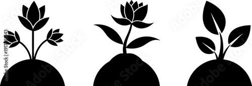 Three stylized black silhouettes of plants growing from mounds of earth