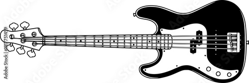 Six-String Electric Bass Guitar Silhouette - Professional Musical Instrument Vector