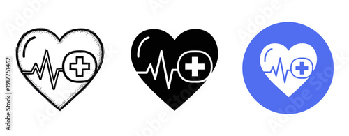 Heart health icons set with medical cross and ekg wave in different styles