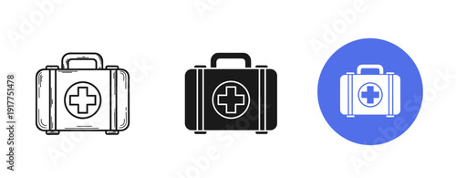 Three first aid kit icons: sketch, solid, colored circle background