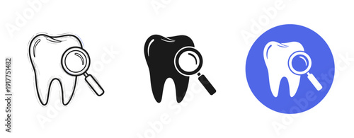 Set of tooth icons with magnifying glass in black, white, and blue