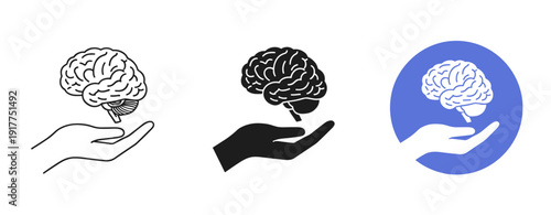 Illustration of human brain in hand: black, white, and color variations