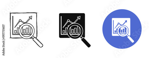 Bar graph analysis icons in black, white, and blue circle variants