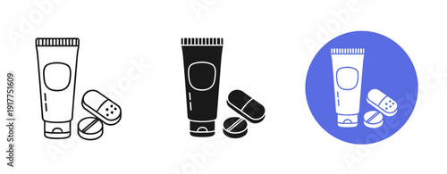 Skincare tube and capsules icons in black, white, and blue variations
