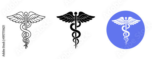 Caduceus emblems: medical symbols with snake and wings in black and white variations