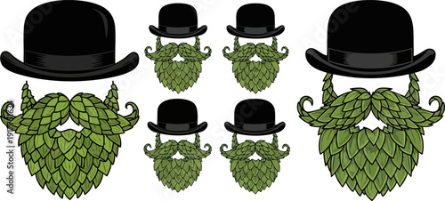 Hop beard and bowler hat collection. Includes two large and four small hop beards with black bowler hats. Created in detailed vector style with a green and black color palette.