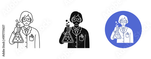 Three scientist illustrations: caucasian and african male figures with erlenmeyer flask