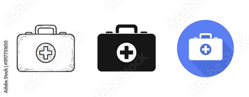 First aid kit icons in sketch, solid, and flat design styles