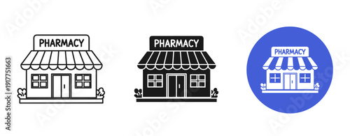 Icon set of pharmacy storefronts in black and blue variations