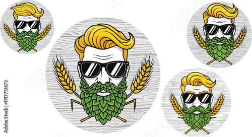 Bearded man with hop beard and wheat ears vector illustration. This graphic features a stylish man wearing sunglasses, with a beard made of green hops and wheat stalks on a distressed wood