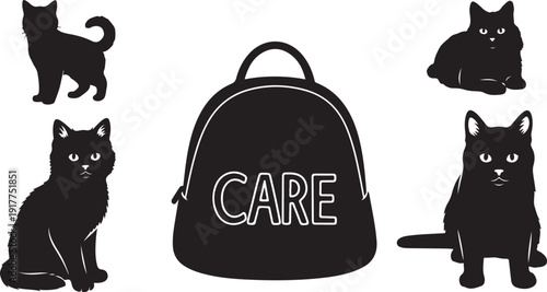 Black cats and care backpack illustration in white background