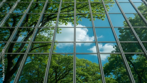 Green Building Glass Reflection, Sustainable Architecture Office Exterior, Eco Friendly Corporate Design
