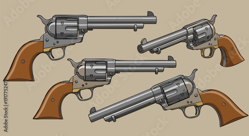 Five vintage revolver pistols vector illustration set. Collection of classic Wild West firearms with wooden grips and metallic barrels in various angles and perspectives.