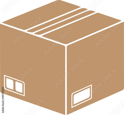 Brown cardboard box with white labels and stripes on top