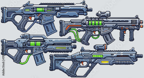 Four futuristic pixel art assault rifles and submachine guns vector collection. Includes sci-fi weapons with glowing green energy cells and metallic grey finishes. Created in detailed 8-bit