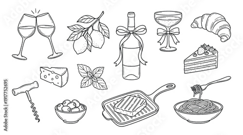 Italian Cuisine and Wine Hand Drawn Doodle Set - Mediterranean Food, Pasta, Steak, and Dessert Illustrations in Sketchy Line Art Style