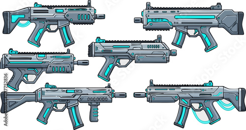 Sci-fi submachine gun vector collection. Includes six distinct futuristic weapon designs with glowing cyan accents and intricate mechanical details. Created in a detailed pixel art style with a