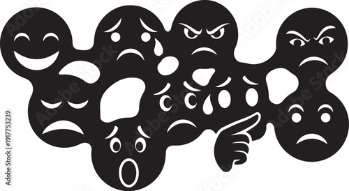 Various Emotions and Facial Expressions in Black Silhouette Style