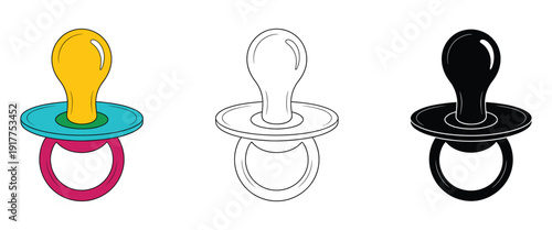 Pacifier baby vector icon set, flat soother icons for newborn, infant care, nursery decoration, and parenting products