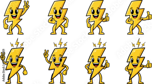 Lightning bolt character vector collection. Includes eight different poses of a cute yellow lightning bolt mascot with various hand gestures and expressions. Created in cartoon style with a