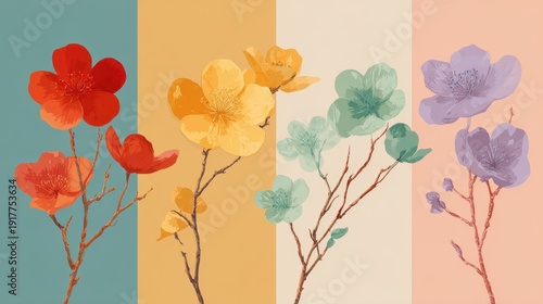 Colorful floral pattern featuring four distinct blossom arrangements