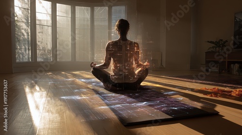 Serene Meditation with Digital Visualization in Cozy Interior Space