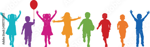 Colorful children silhouettes running jumping playing, happy kids vector illustration isolated on white background, childhood freedom concept design