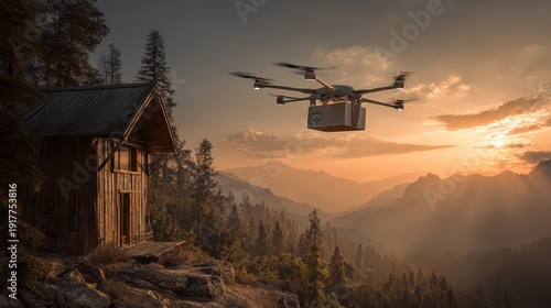 Drone Delivering Package Over Scenic Mountain Landscape at Sunset