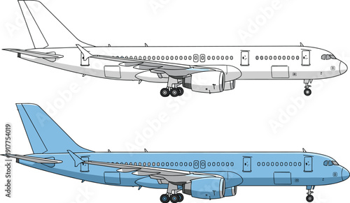 Detailed passenger jet airplane side profile, monochrome line art and blue colored variant, commercial aviation transport illustration isolated background