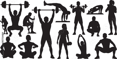 Silhouettes of people exercising with weights and dumbbells