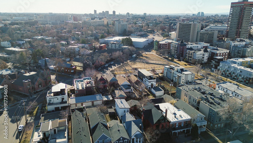 Congress Park urban houses block stretch toward institutional buildings along 8th Ave. Even daylight enhances roof textures, pale winter vegetation, contrasting exterior surfaces, Denver, CO
