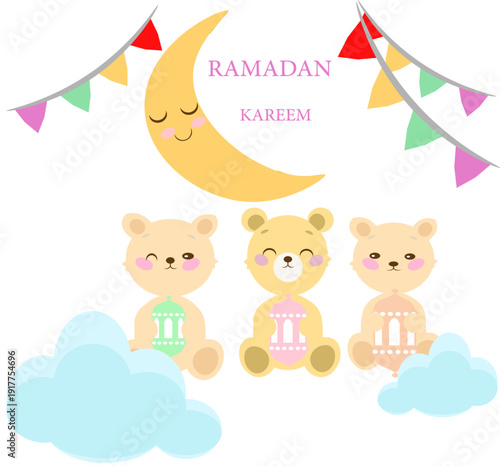Cute Ramadan Kareem Greeting Card with Teddy Bears and Crescent Moon for Kids,Kawaii Ramadan Kareem Card for Children,Cute Islamic Ramadan Illustration for Nursery