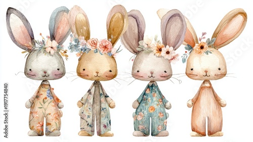 Four watercolor bunnies wearing floral crowns and patterned clothes