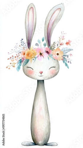 Cute watercolor bunny wearing floral crown for spring