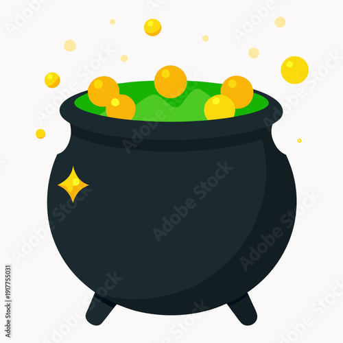 A cartoon cauldron filled with green potion and gold coins