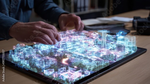 Hands Interacting with Futuristic Digital City Model on Tabletop