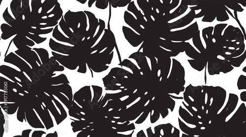 Dense tropical monstera and palm leaf silhouette pattern texture vector illustration