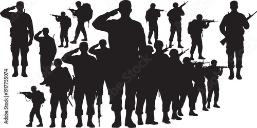 Silhouette of soldiers in various combat and salute positions