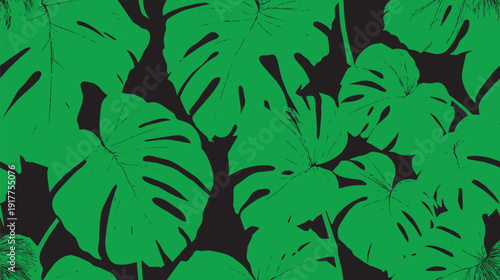 Dense tropical monstera and palm leaf silhouette pattern texture vector illustration