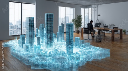 Futuristic Office Scene with 3D City Visualization and Professional