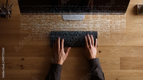 Close-Up of Hands Typing on Keyboard with Computer Screen Background