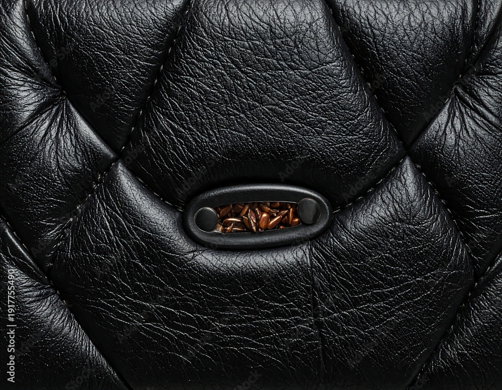 Obraz premium Close-up of black, quilted leather with a metallic, decorative accent