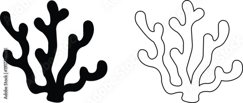 Coral reef icon set isolated on white background black silhouette and outline vector illustration of underwater sea plant
