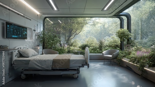 Modern hospital room with large window overlooking lush garden