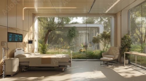 Modern Hospital Room with Large Windows Overlooking Green Landscape