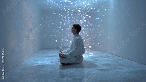 Meditative Man in Bright Room with Floating Particles of Light