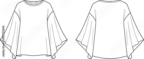Front and Back View Loose Fit Batwing Sleeve Blouse Flat Fashion CAD Vector Outline Illustration