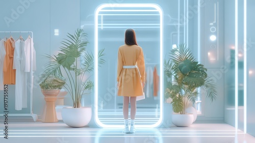 Woman in Modern Dress Stands Before Futuristic Mirror in Bright Room