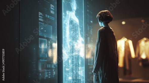 Woman Interacting with Futuristic Holographic Display in Store
