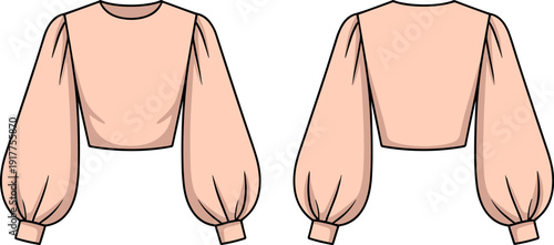 Front and Back View Puff Sleeve Cropped Blouse Flat Illustration, Minimal Fashion CAD Drawing Isolated on Light Background
